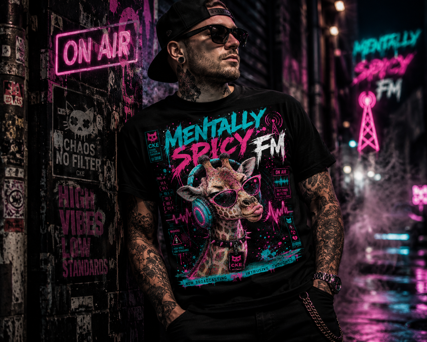 All-over print Mentally Spicy Giraffe graphic T-shirt by Printify featuring a colorful, edgy giraffe design on gothic apparel.