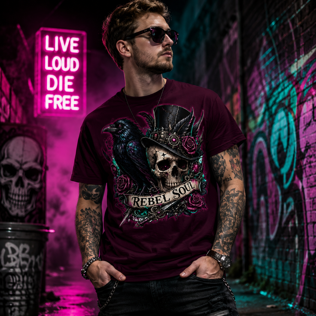 Rebel Soul Skull with Raven Tee | Gothic Rose Skull Shirt | Chaos Kitten Emporium®