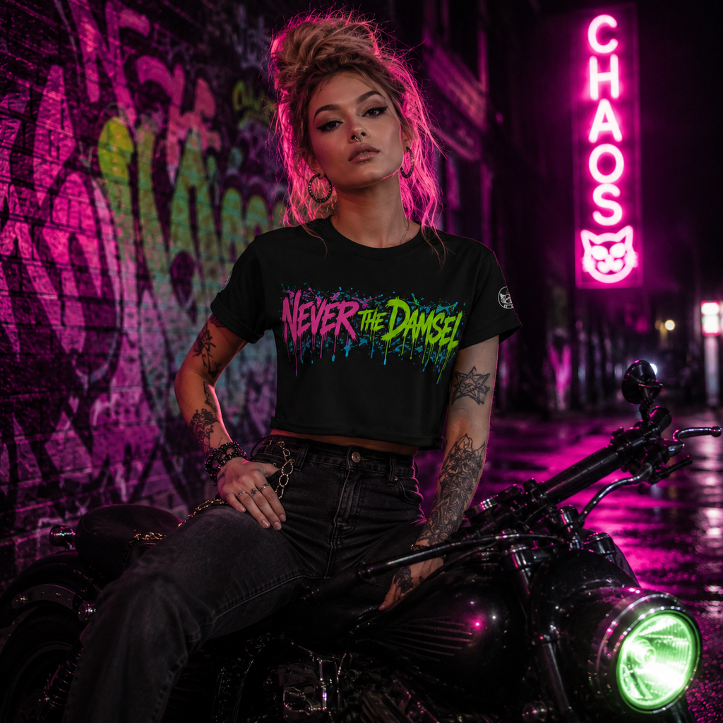 Never the Damsel / Always Be a Dragon Crop Tee | Neon Graffiti Dragon Women's Crop Top | Chaos Kitten Emporium®