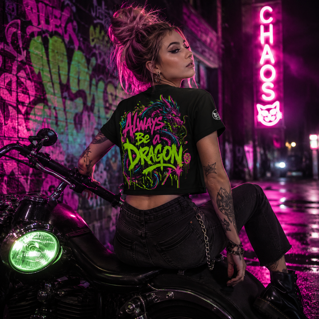 Never the Damsel / Always Be a Dragon Crop Tee | Neon Graffiti Dragon Women's Crop Top | Chaos Kitten Emporium®