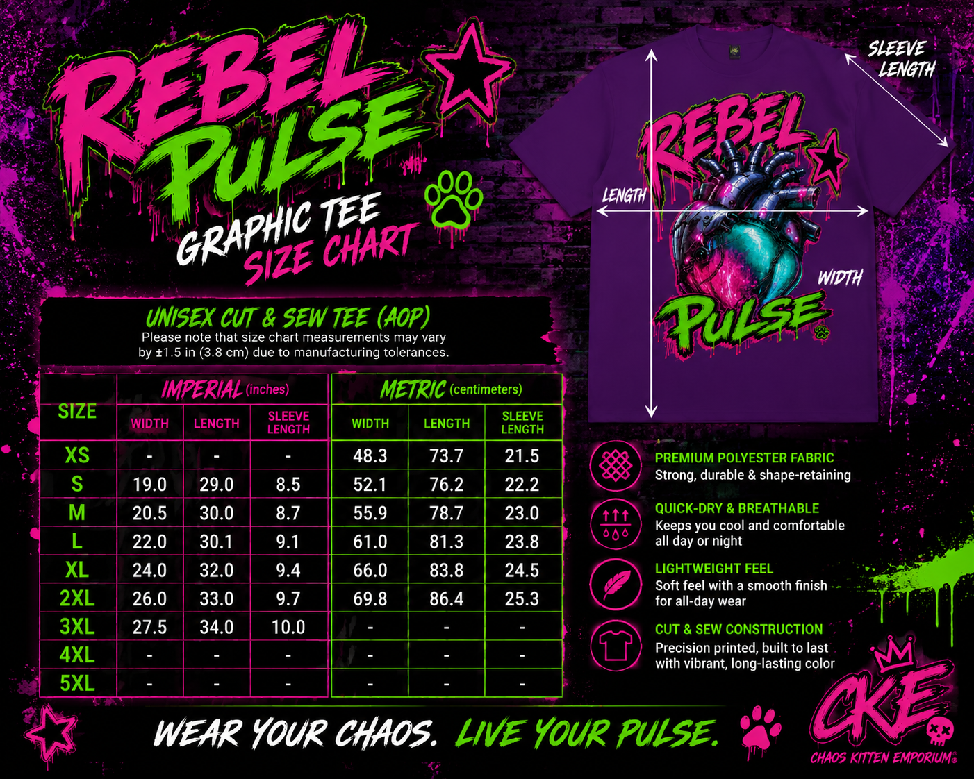 Rebel Pulse Graphic Tee | Neon Heart Punk Shirt | Chaos Kitten Emporium®