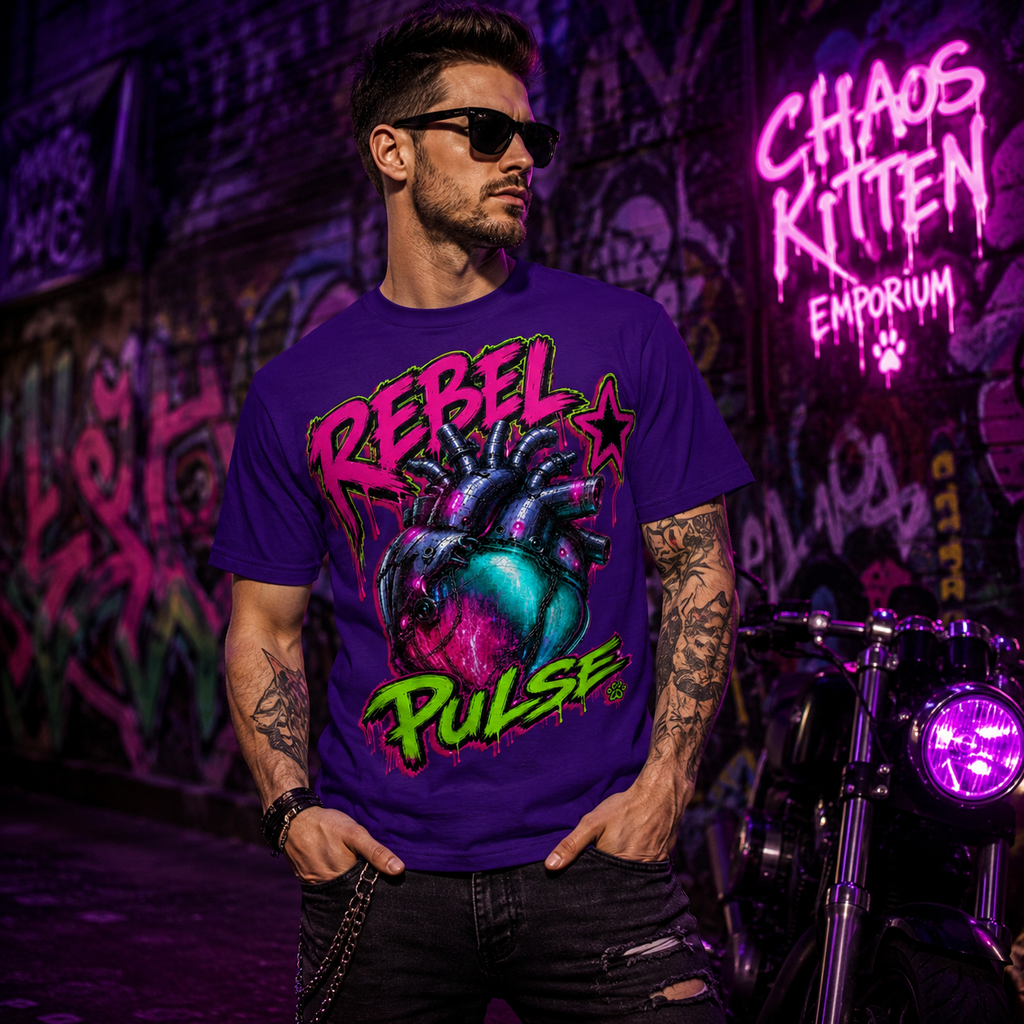 Rebel Pulse Graphic Tee | Neon Heart Punk Shirt | Chaos Kitten Emporium®