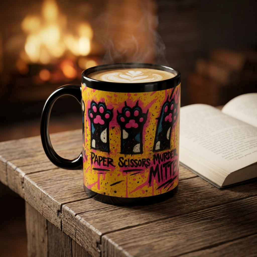 A steaming coffee mug with a black handle and rim, featuring a yellow and pink graphic design with three black cat paw prints and the text 'PAPER SCISSORS MURDER MITT', set on a rustic wooden table next to an open book with a blurred fireplace in the background.