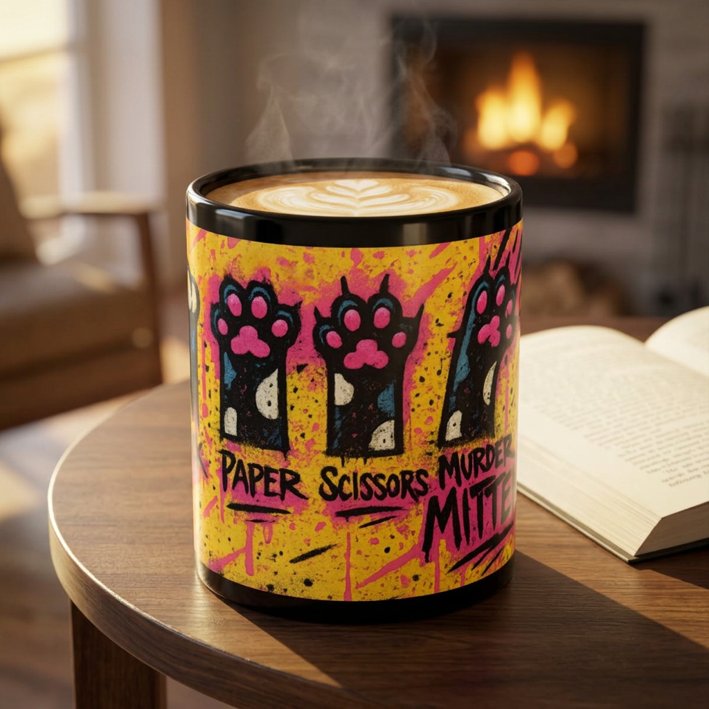 Rock Paper Scissors Murder Mittens” Design | Unique Cat Art Coffee Cup | 11oz & 15oz