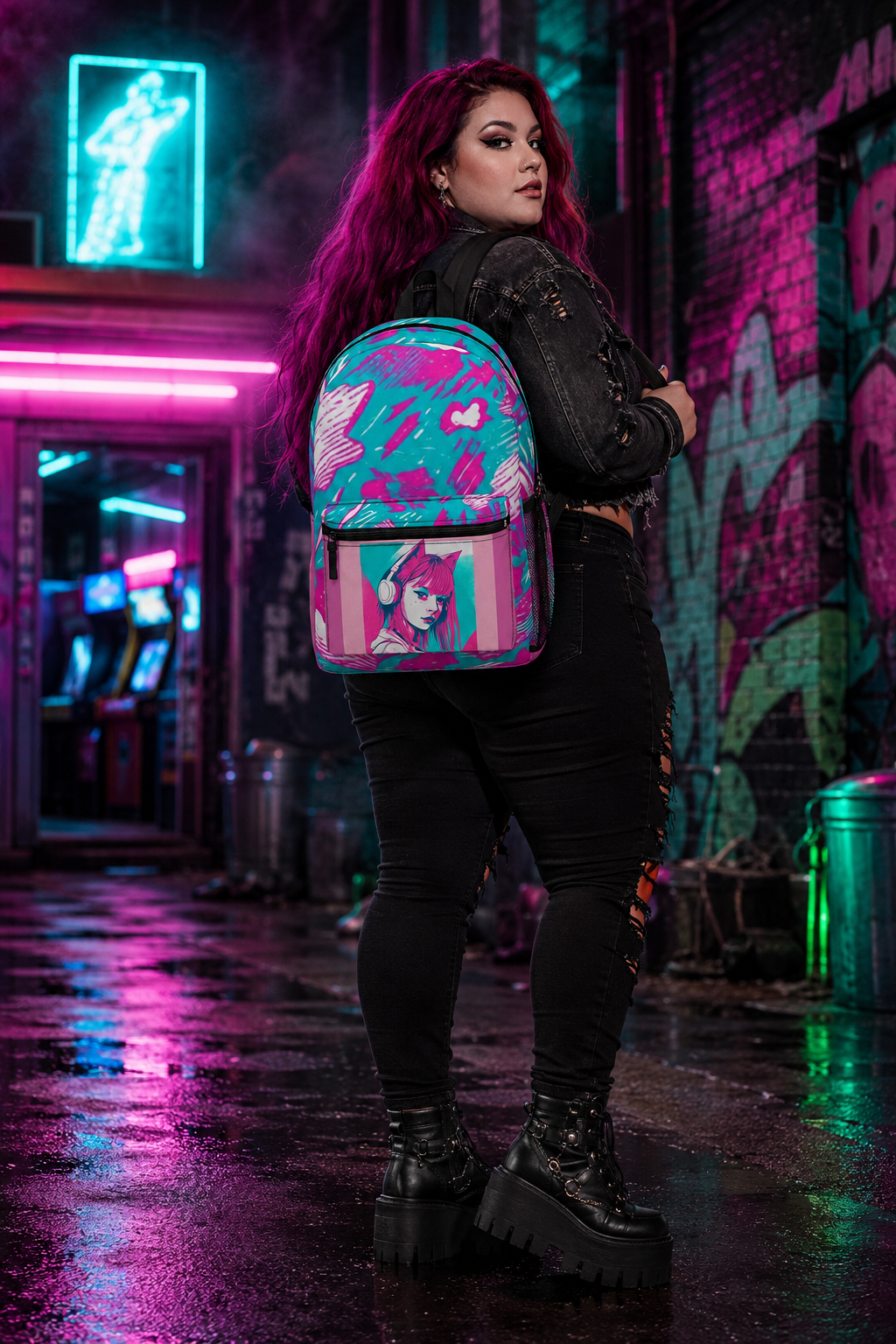 Neon Cat-Girl Risograph Backpack | Alternative Art Rucksack | Chaos Kitten Emporium®
