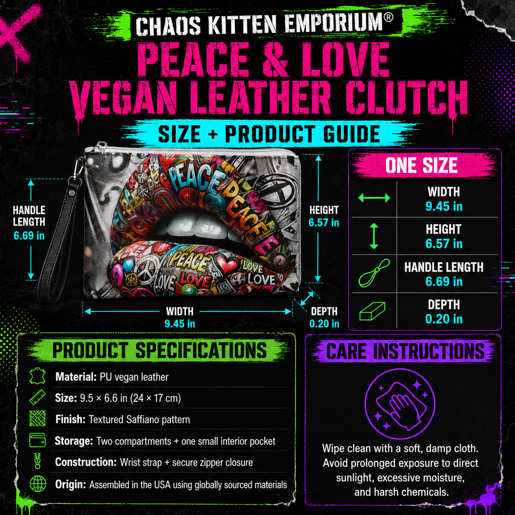 Chaos Kitten Emporium® Vegan Leather Clutch Bag | Bold Peace & Love Design | Streetwear Chic