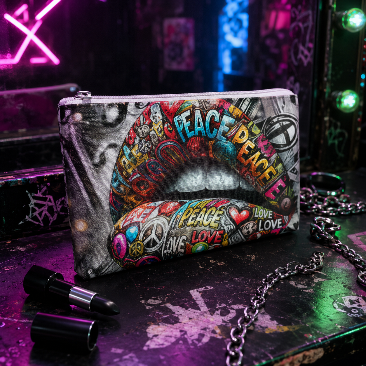 Chaos Kitten Emporium® Vegan Leather Clutch Bag | Bold Peace & Love Design | Streetwear Chic