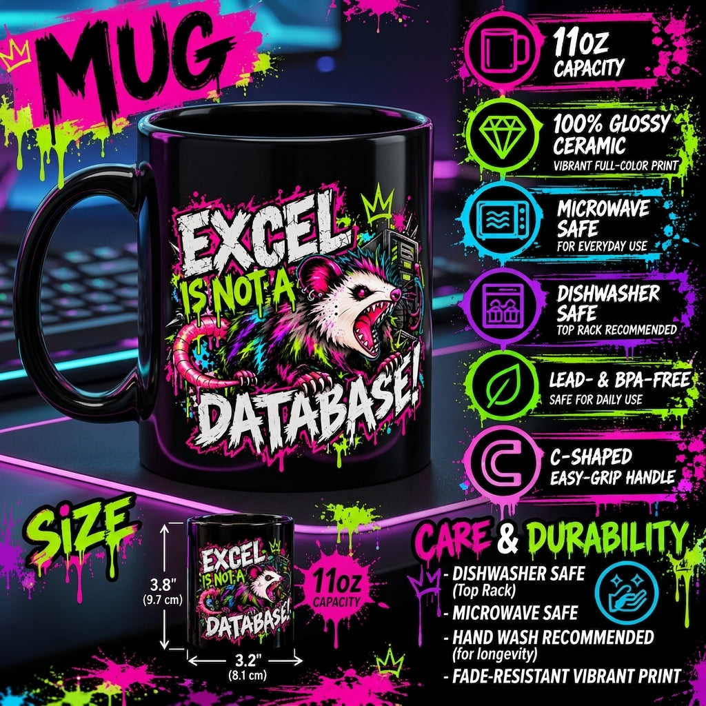 a black mug with colorful writing on it