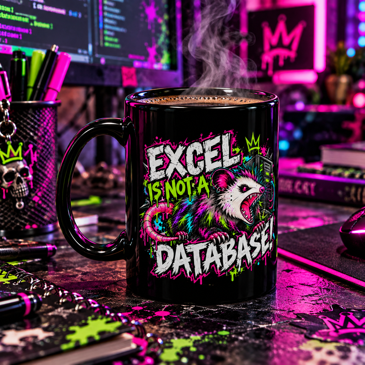 a black mug with a cartoon character on it