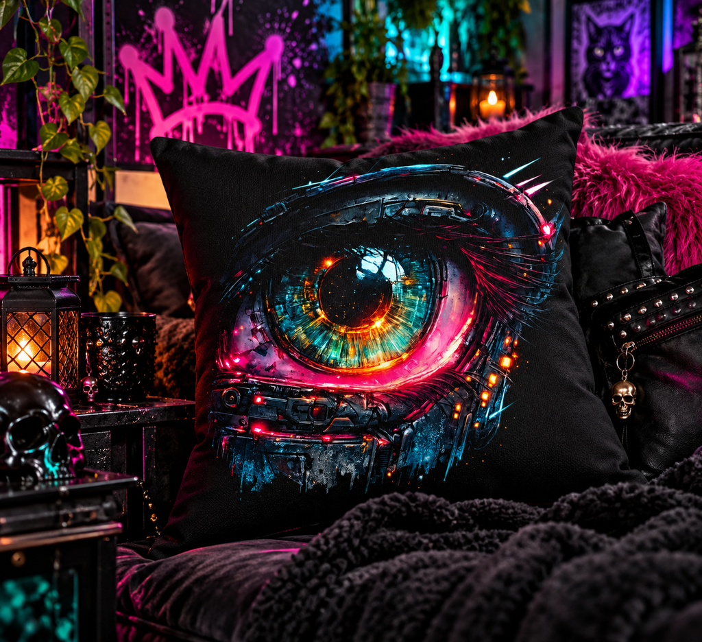 a pillow with a picture of an eye on it