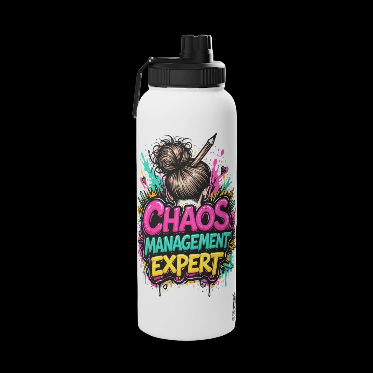 a white water bottle with a black lid