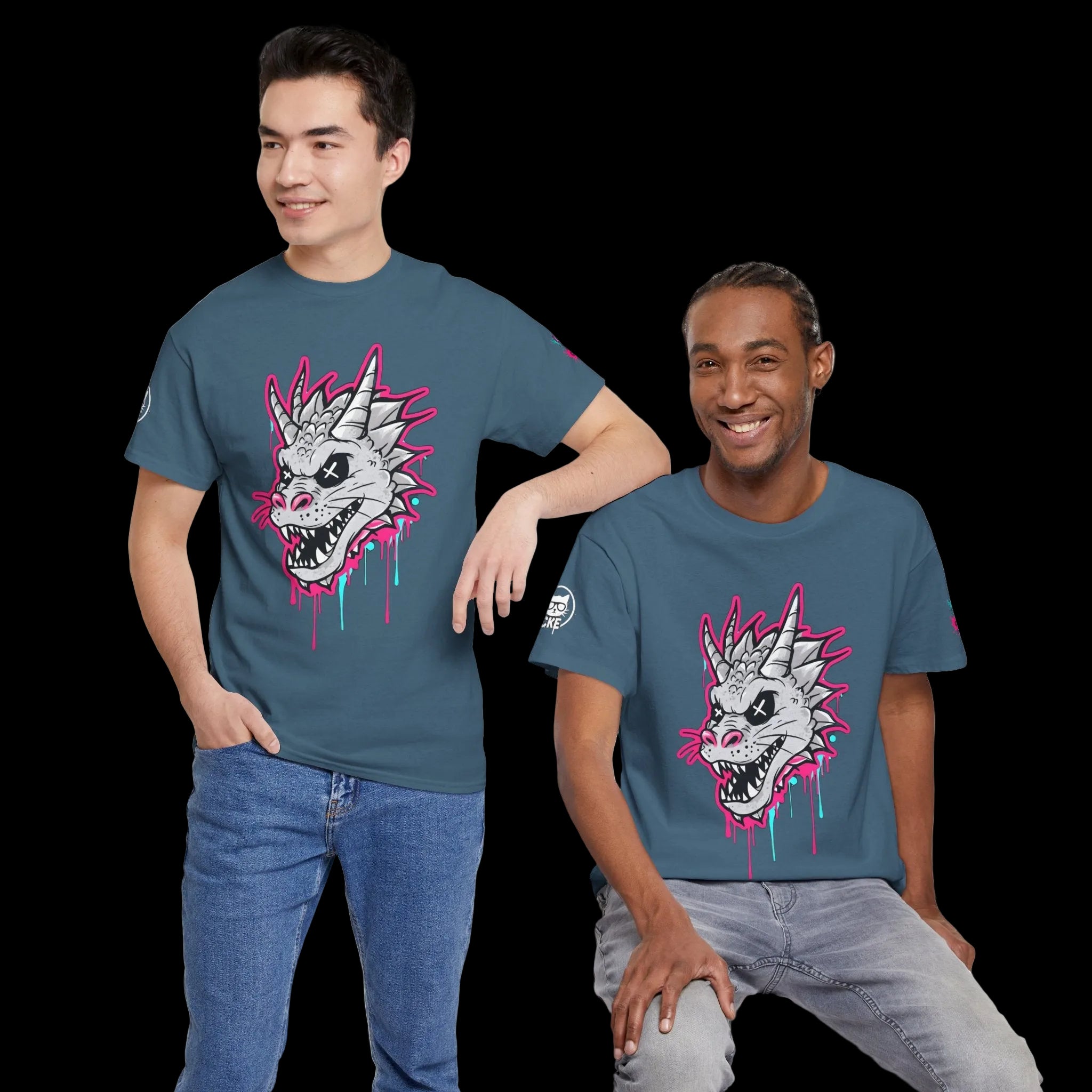 T-shirt featuring a bold dragon skull graphic with electric pink and cyan paint drips, worn by two models showcasing its style.