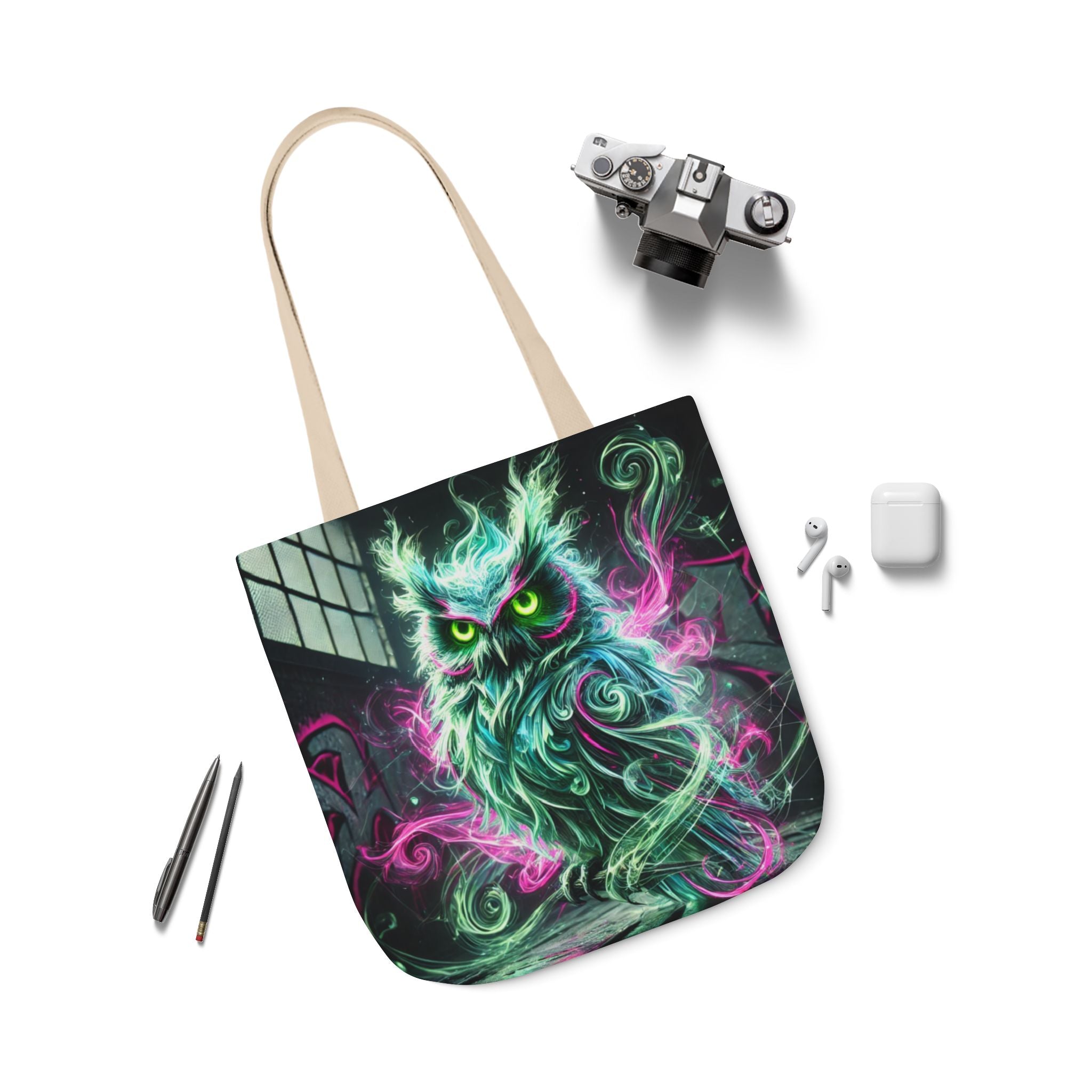Mystic Owl all-over print tote bag with gothic design, featuring detailed owl artwork in black and white on fabric.