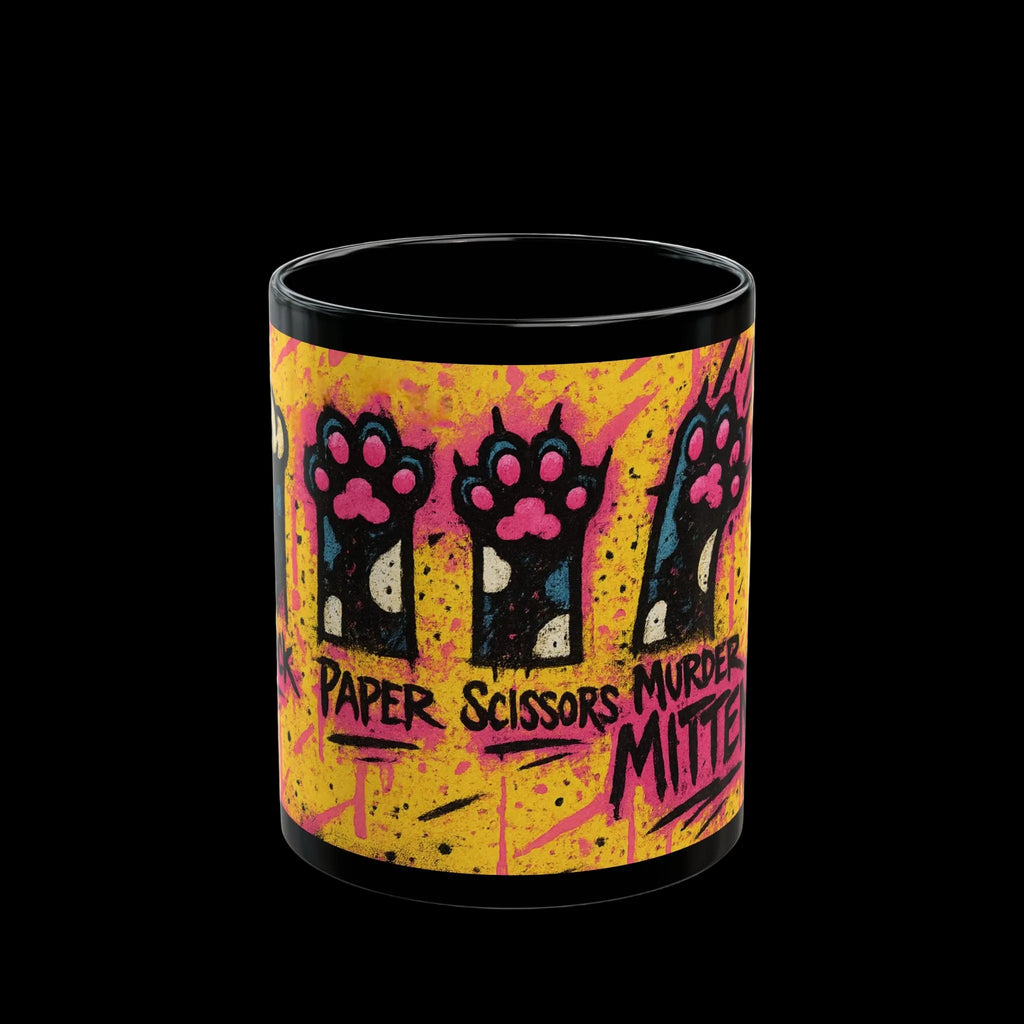 Rock Paper Scissors Murder Mittens” Design | Unique Cat Art Coffee Cup | 11oz & 15oz