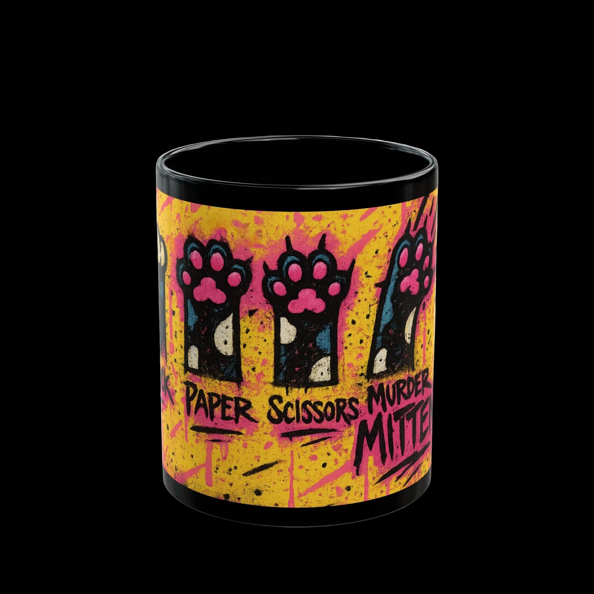 Rock Paper Scissors Murder Mittens” Design | Unique Cat Art Coffee Cup | 11oz & 15oz