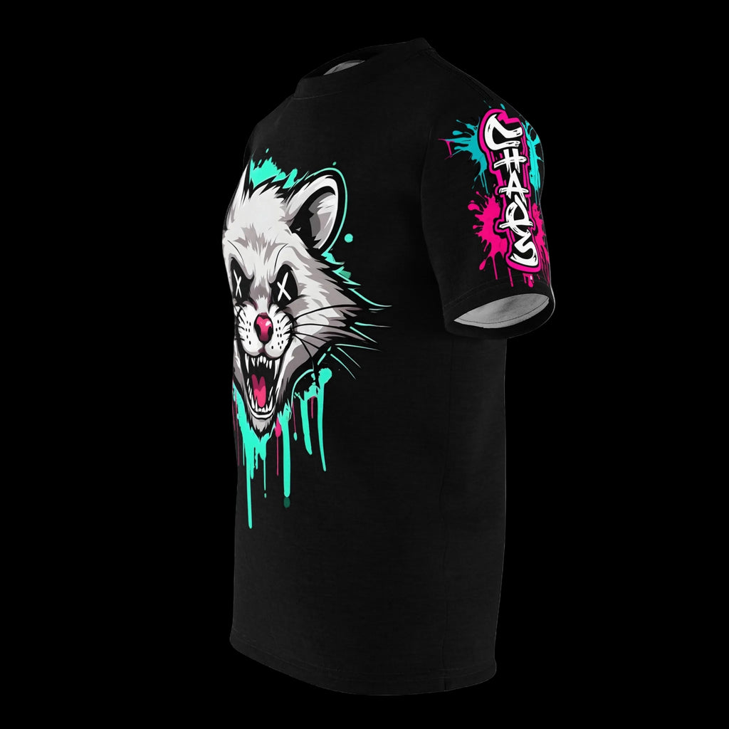 Graffiti Grunge Ferret Graphic Tee with all-over print featuring gothic style chaos kitten design on a black cotton shirt.