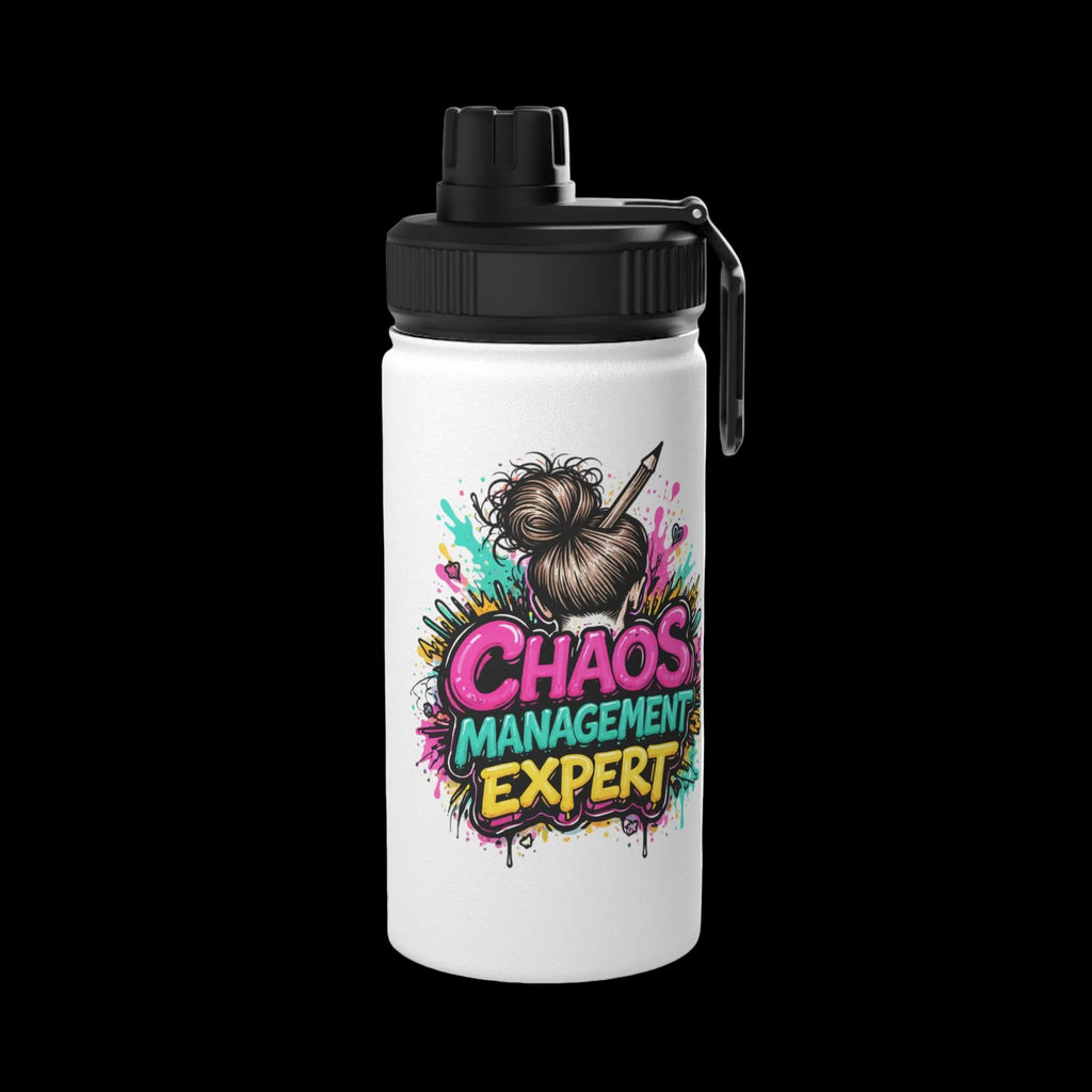 a white water bottle with a black lid