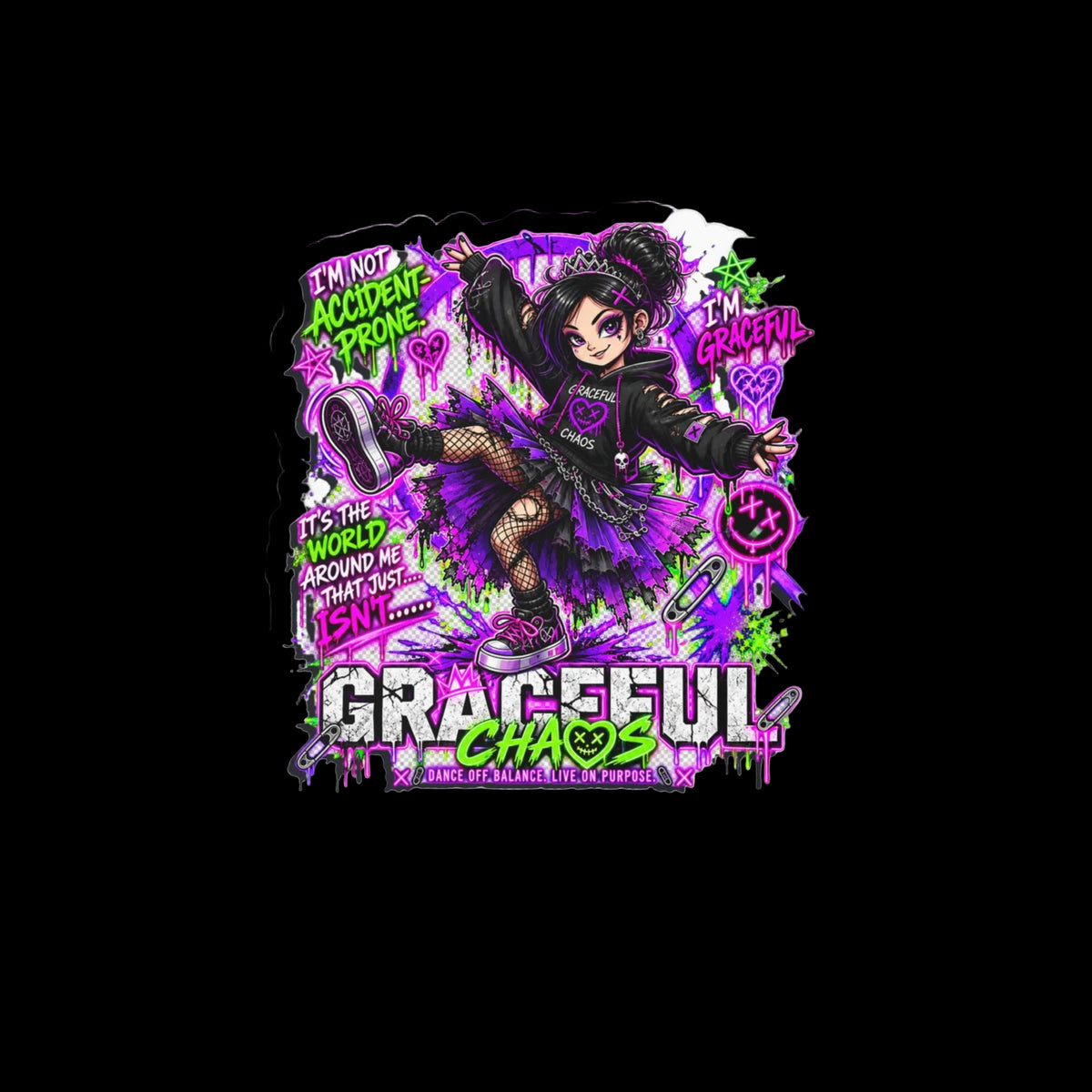 a cartoon of a girl with purple text