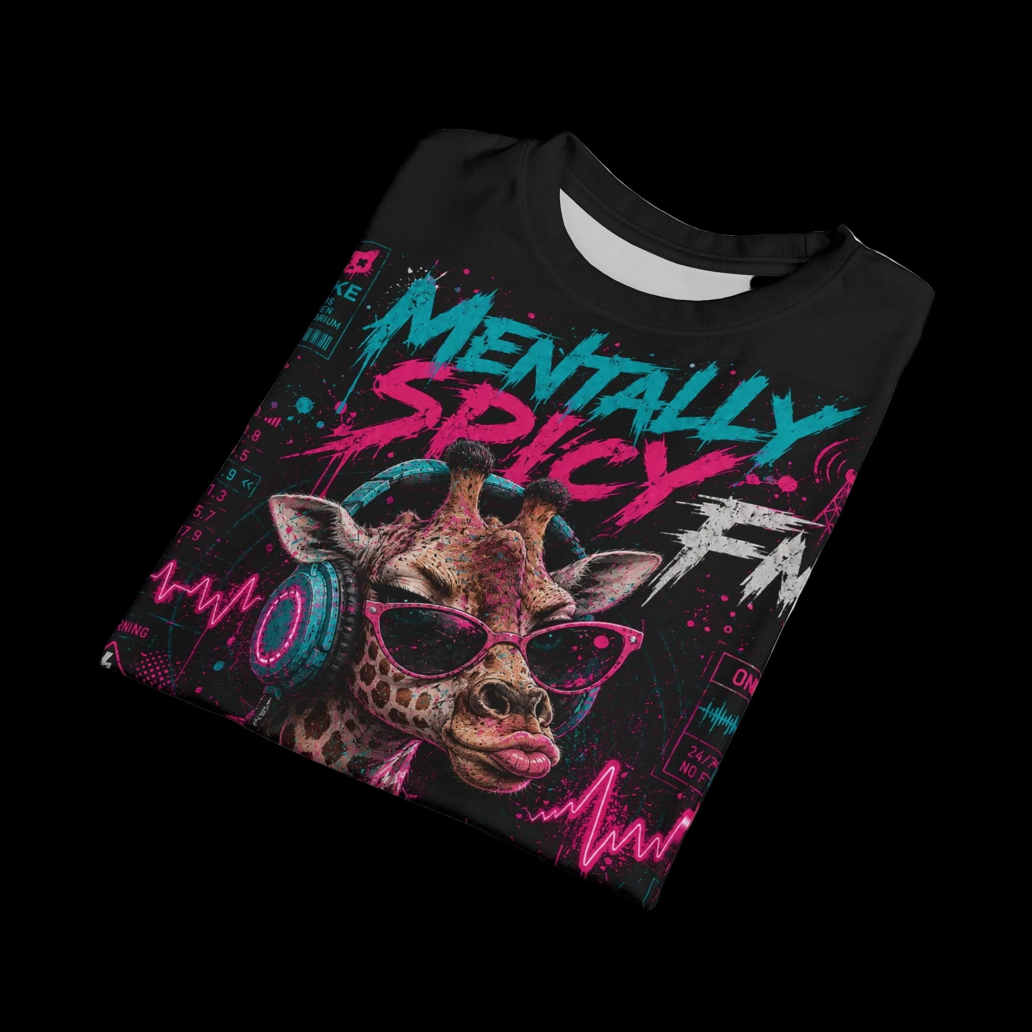 All over print of Mentally Spicy Giraffe graphic tee featuring a colorful giraffe design on gothic-style apparel by Chaos Kitten Emporium.