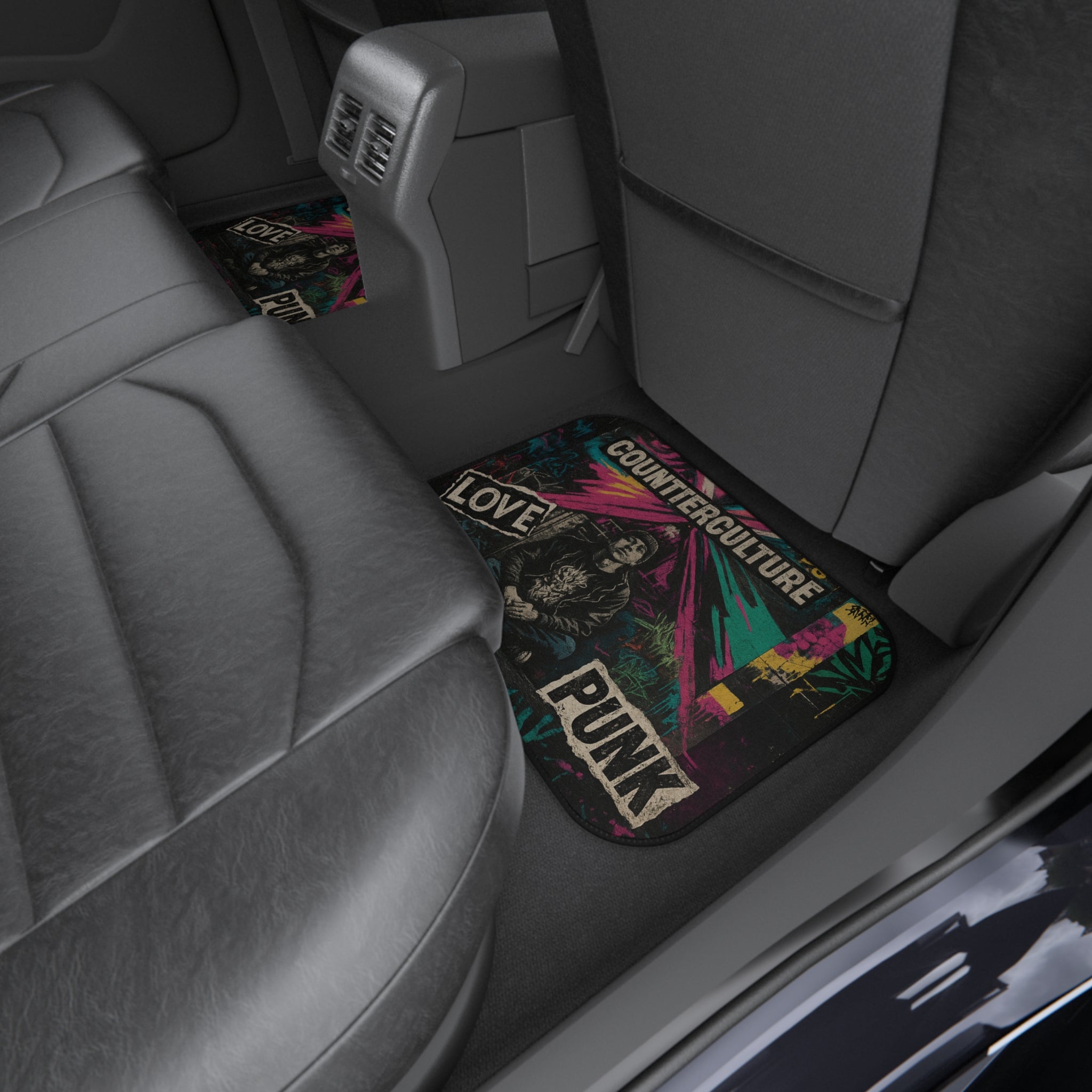Gothic Dissent Car Mats with Chaos Kitten design, custom auto accessories by Printify, featuring dark aesthetic and detailed patterns.