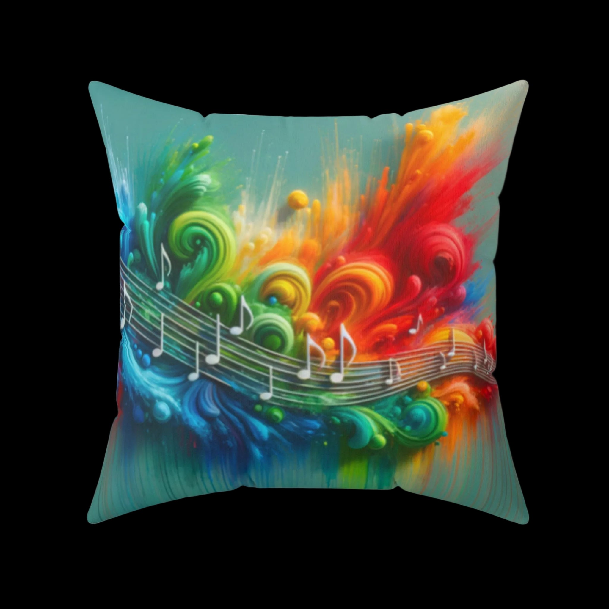 Vibrant throw pillow featuring an explosion of rainbow colors and flowing musical notes, perfect for adding personality to any space.