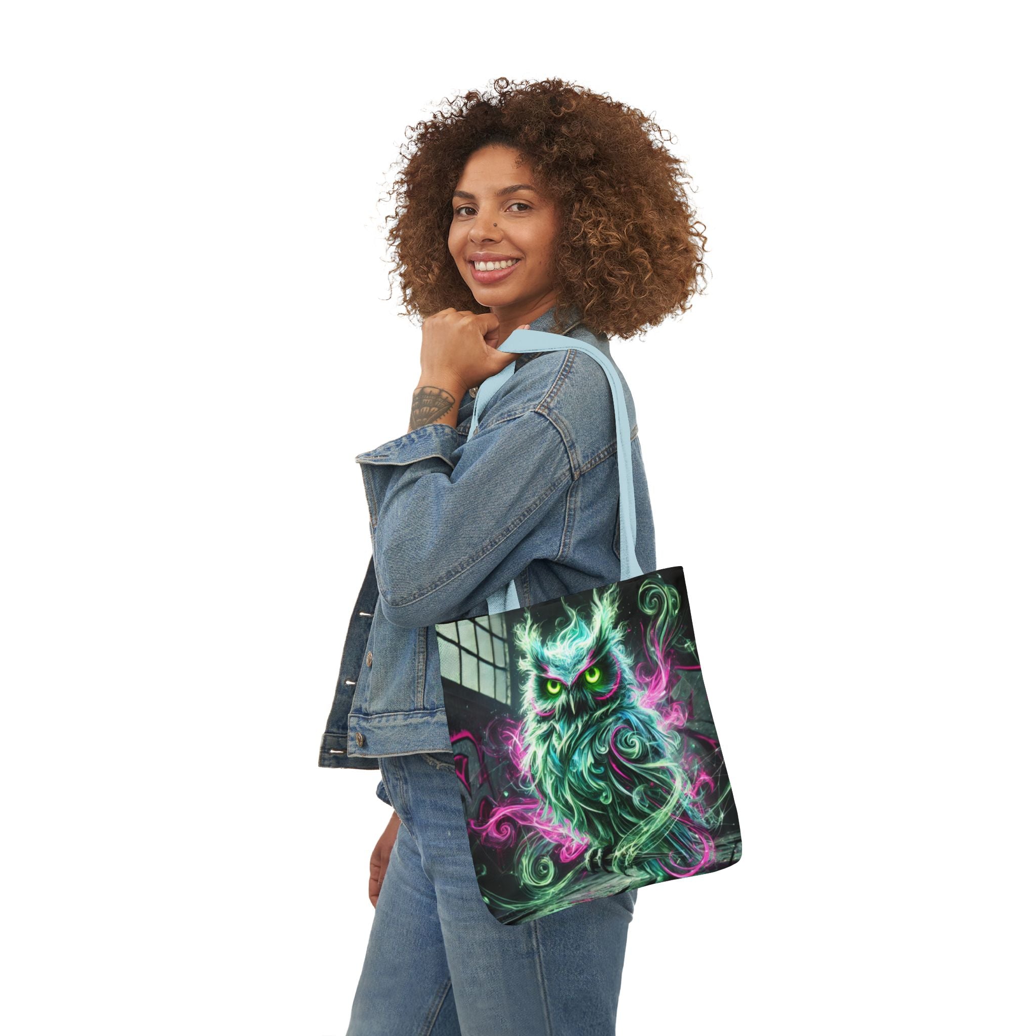 Mystic Owl all-over print tote bag from Chaos Kitten Emporium featuring gothic owl design, made by Printify.