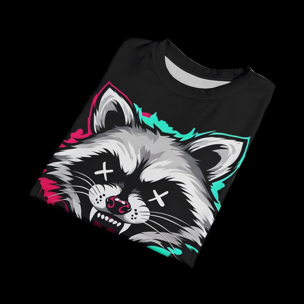 All-over print graffiti grunge raccoon graphic tee by Printify, featuring a gothic style chaos kitten design on a casual shirt.