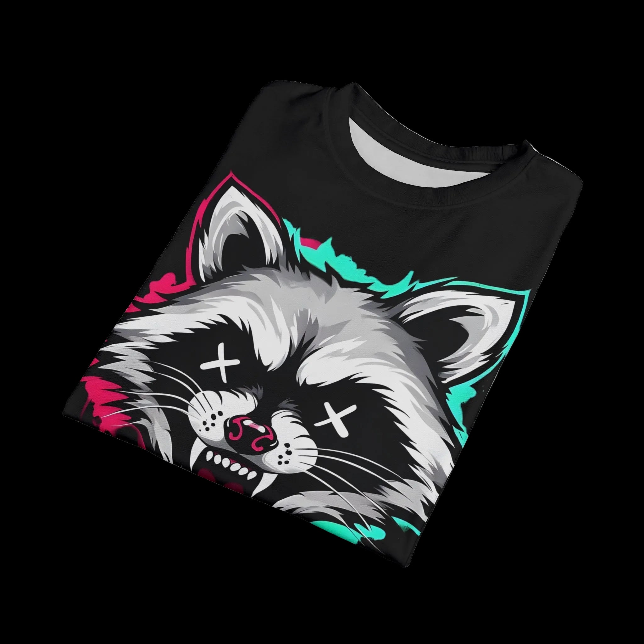 All-over print graffiti grunge raccoon graphic tee by Printify, featuring a gothic style chaos kitten design on a casual shirt.