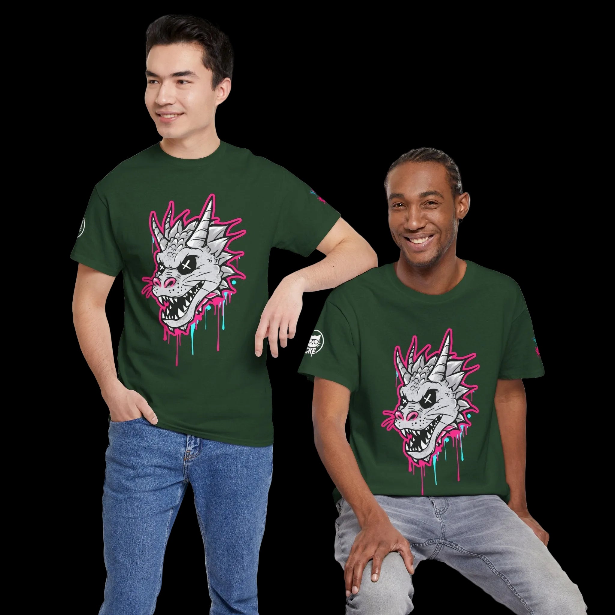 Two individuals wearing a green t-shirt featuring a bold dragon skull graphic with electric pink and cyan paint drips.