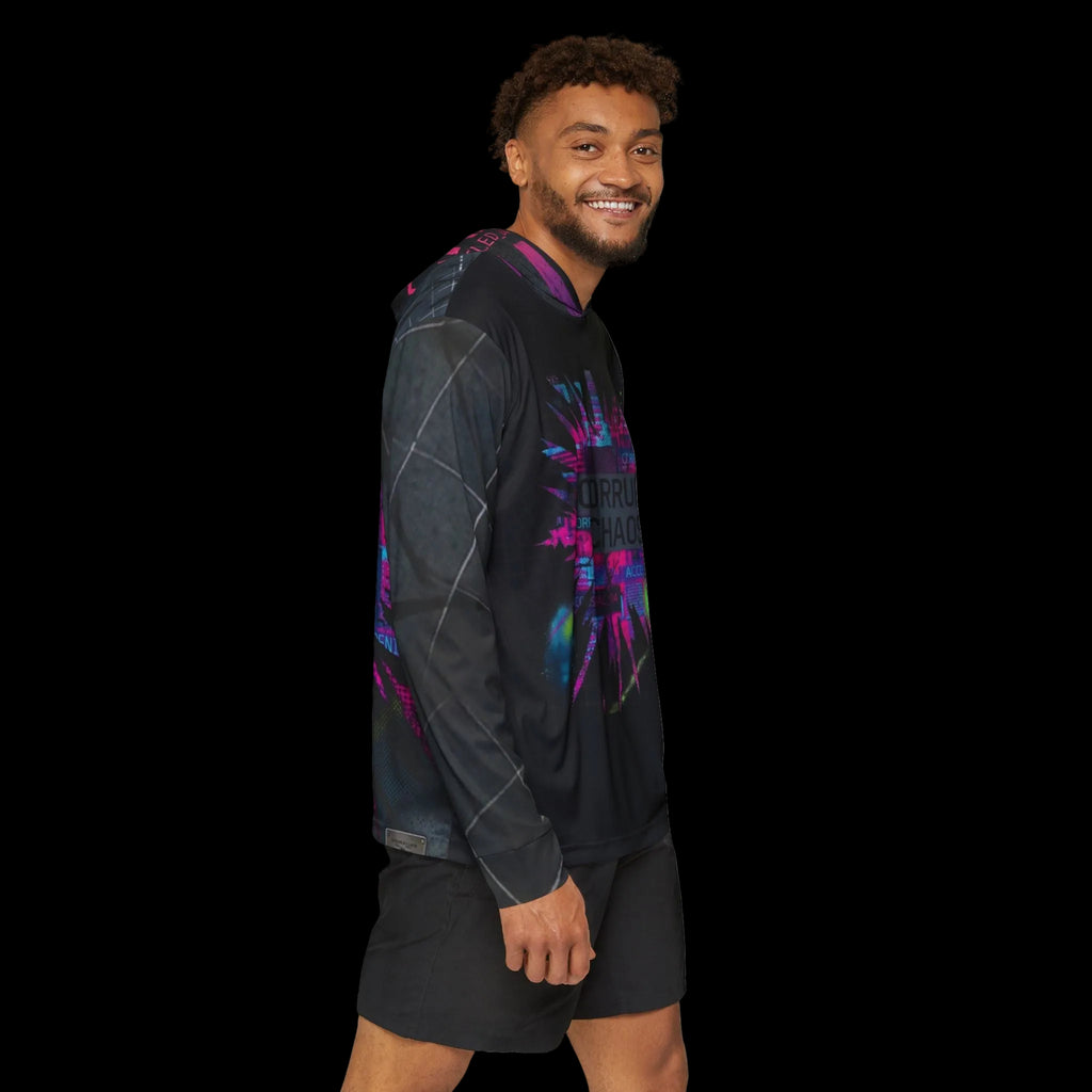 Bold glitch-inspired graphic design on the Corrupt Chaos Warmup Hoodie, perfect for active lifestyles and streetwear.