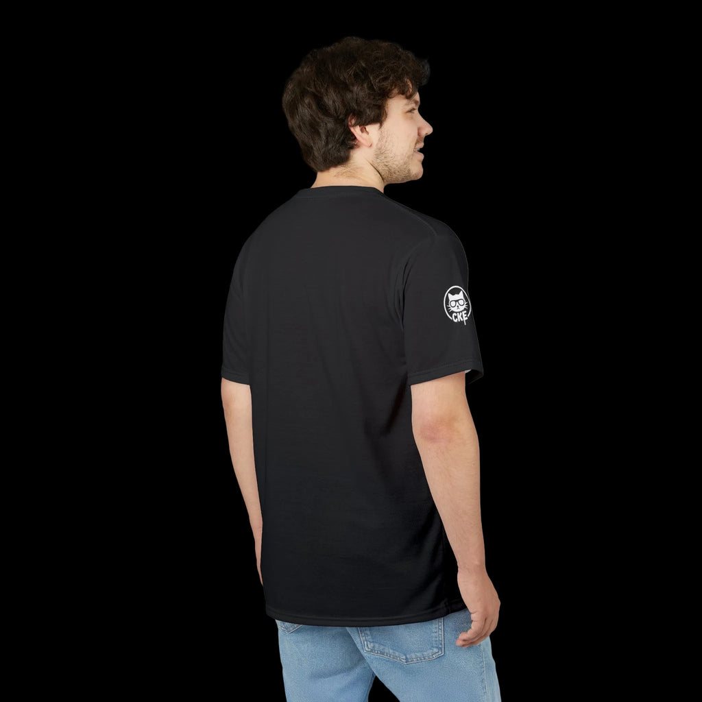 Cybernetic Conduit Graphic Tee with all-over print featuring futuristic, gothic-inspired artwork on a black t-shirt by Chaos Kitten Emporium.