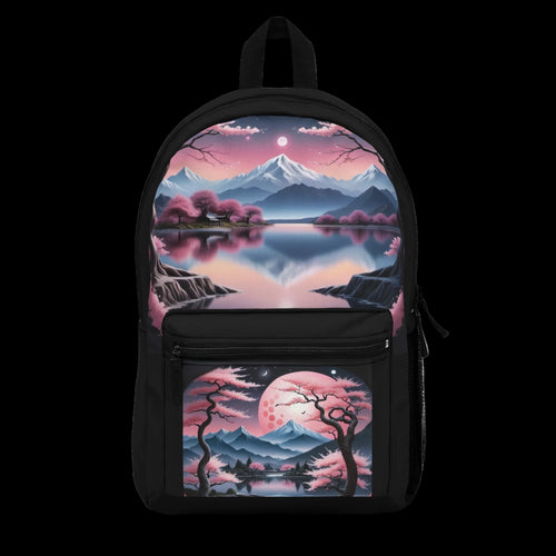 Serene mountain landscapes and cherry blossom trees adorn the vibrant backpack, showcasing enchanting Japanese fantasy art.
