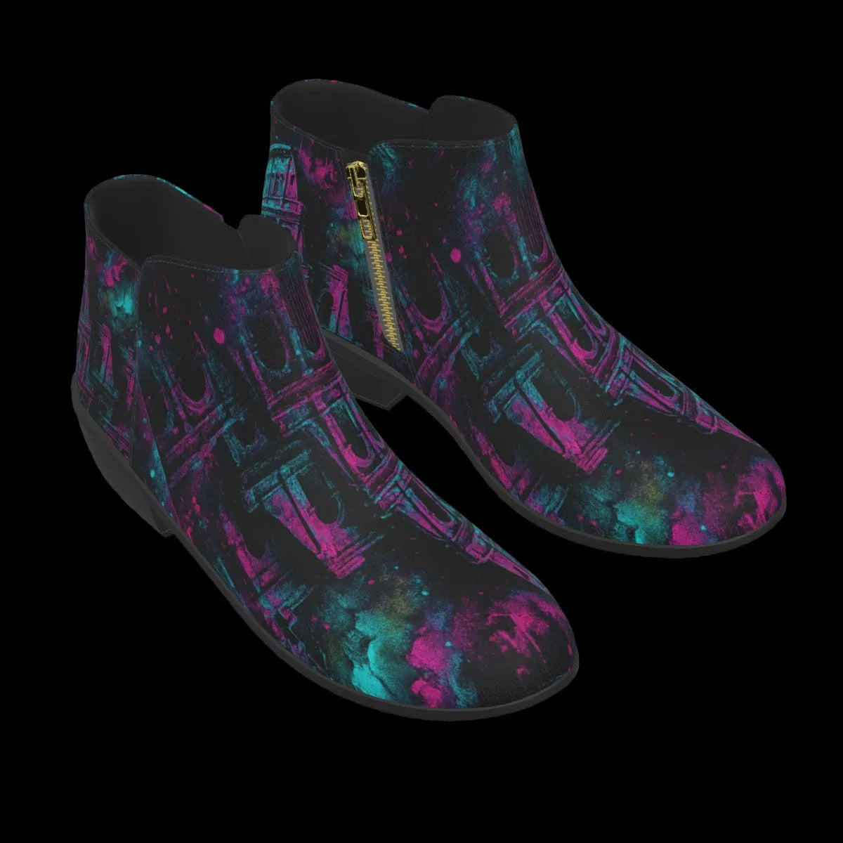Colorful ankle boots featuring a high-contrast Colosseum graphic in electric teal and fluorescent pink on a dark background.