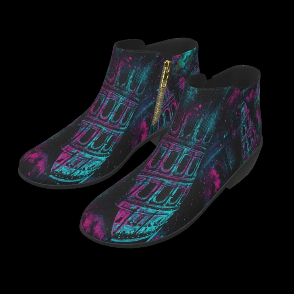 Colorful boots featuring a high-contrast Colosseum graphic in electric teal and fluorescent pink with a steampunk design.