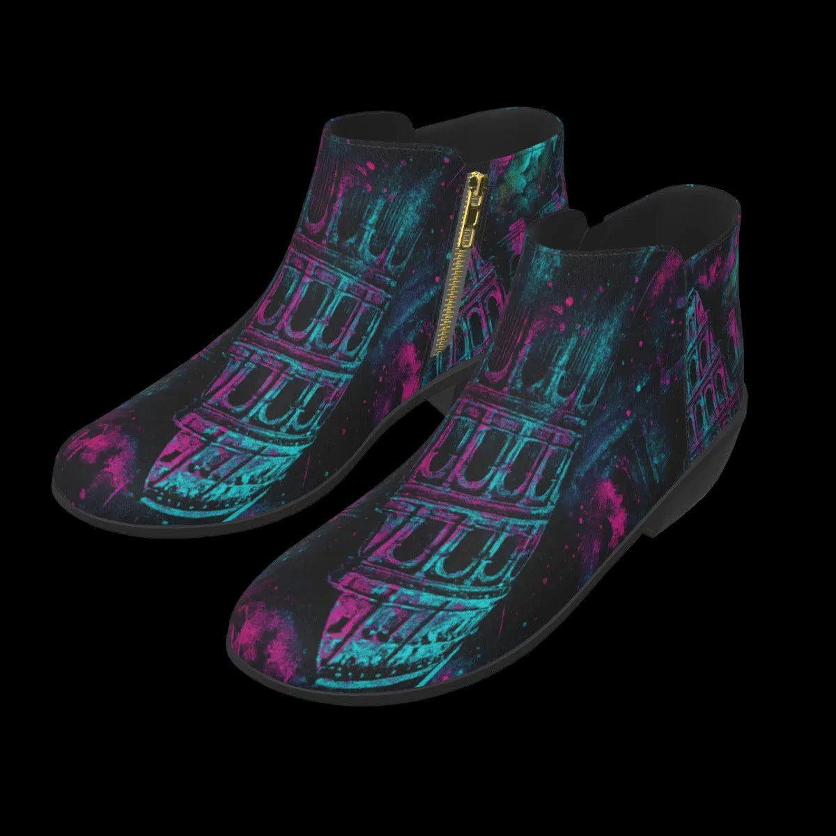 Colorful boots featuring a high-contrast Colosseum graphic in electric teal and fluorescent pink with a steampunk design.