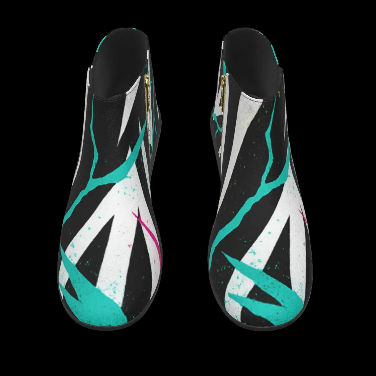 Black-and-white geometric Neon Street-Strike Fashion Boots with neon cyan and fluorescent pink accents, featuring a zip closure.