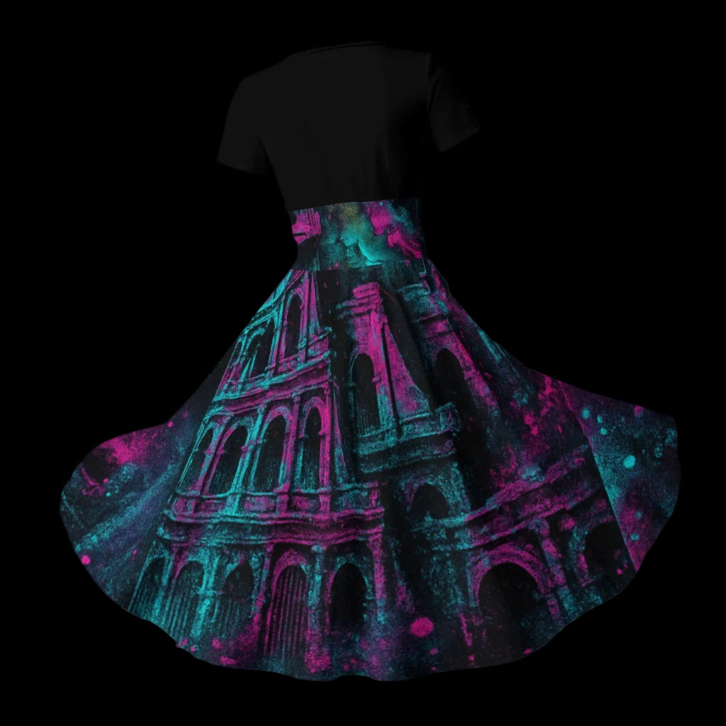 Black top with a colorful Colosseum print skirt on a gray background