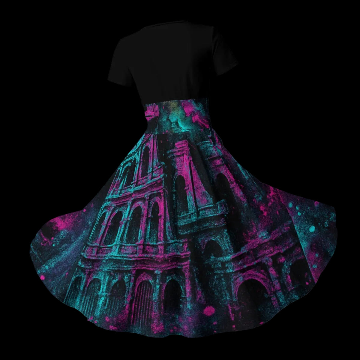 Black top with a colorful Colosseum print skirt on a gray background