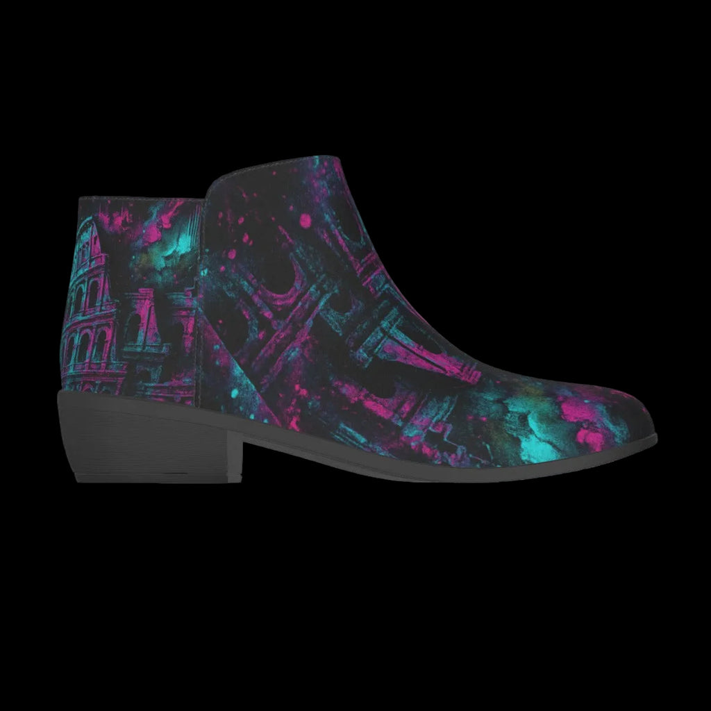 Colorful ankle boots featuring a high-contrast Colosseum graphic in electric teal and fluorescent pink.