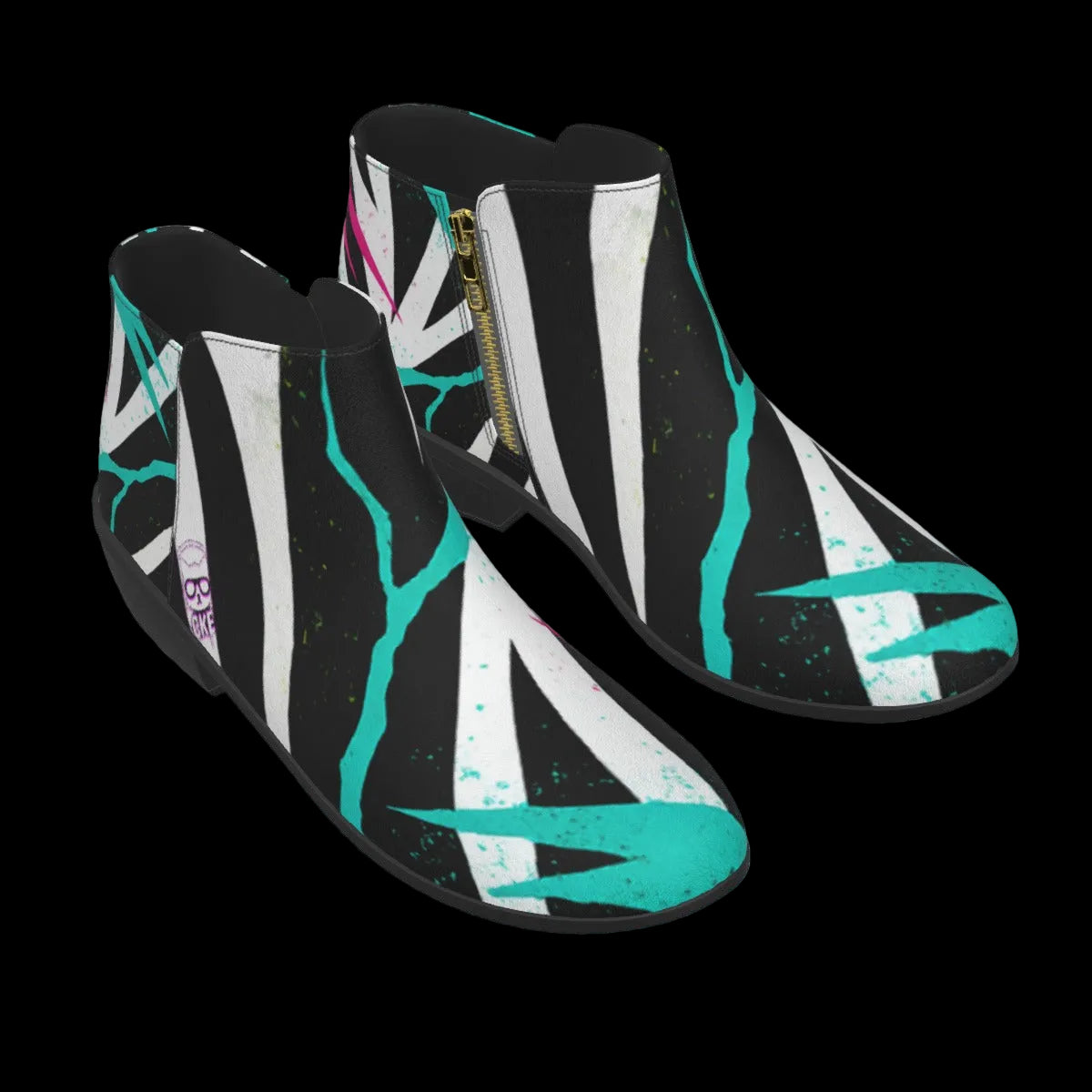 Black-and-white geometric boots with neon cyan and fluorescent pink accents, featuring a side zip closure.