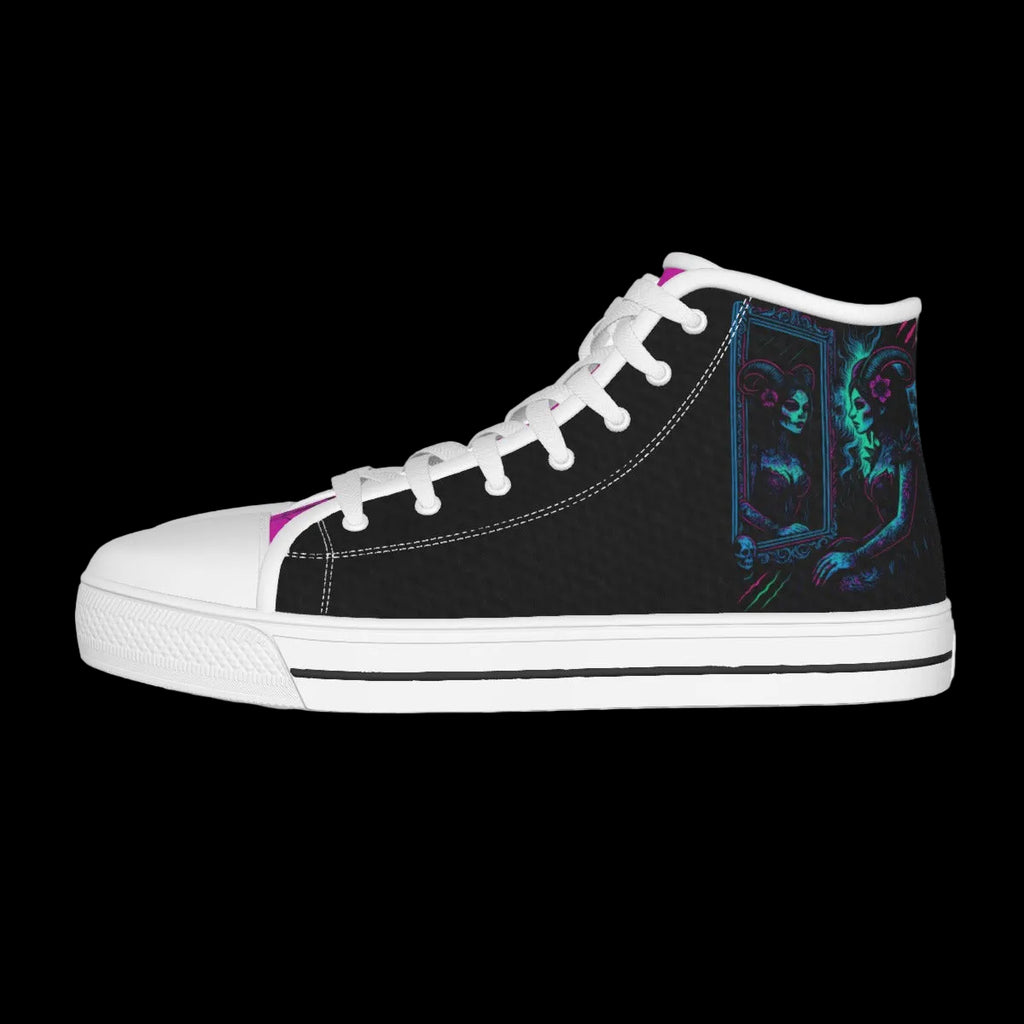 Black high-top canvas shoes featuring vibrant artwork of an ethereal woman in a neon-lit mirror with white laces and toe cap.