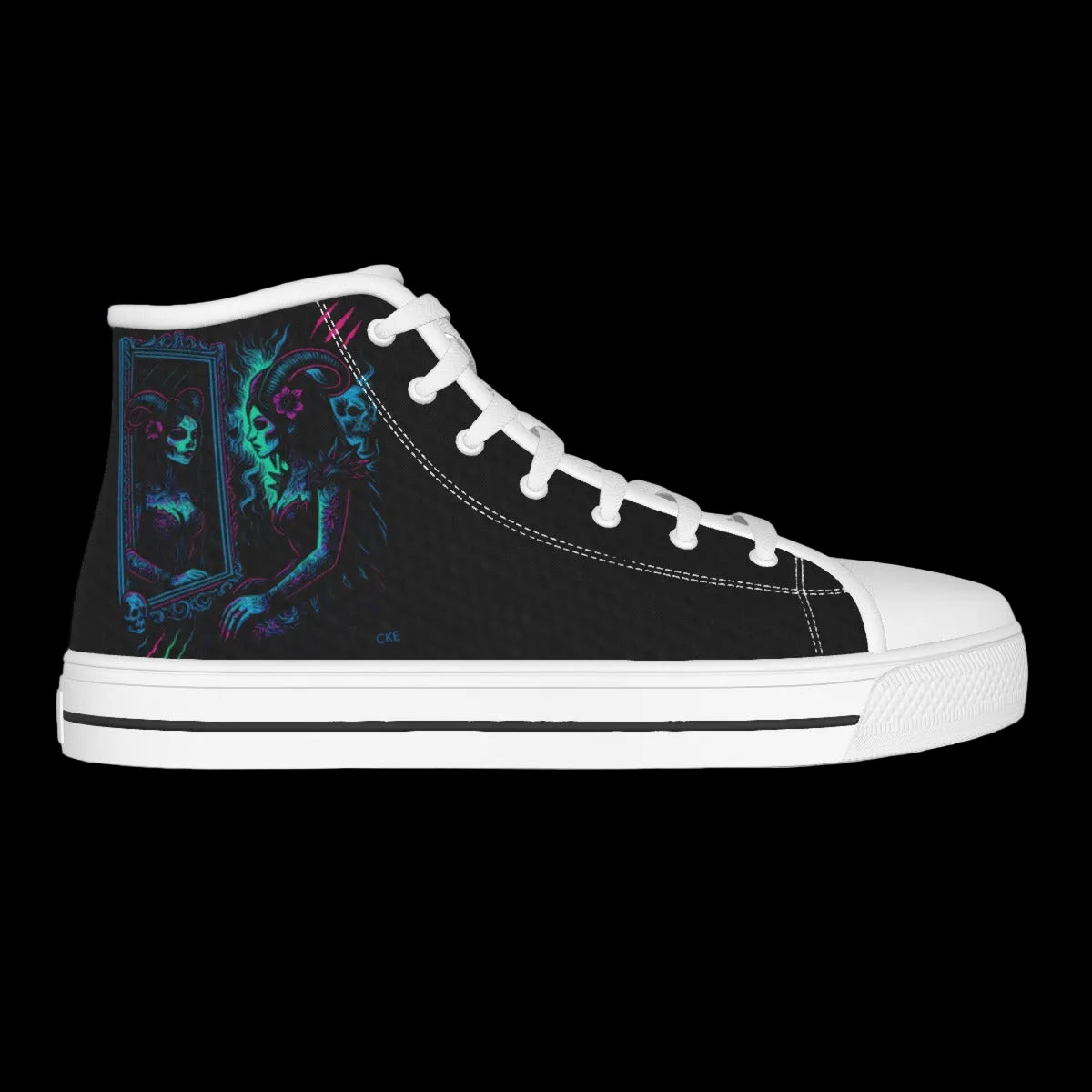 Black high-top canvas shoes featuring vibrant artwork of a woman gazing into a neon-lit mirror.