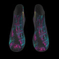 Colorful boots featuring a high-contrast Colosseum graphic in electric teal and fluorescent pink with a side zip closure.