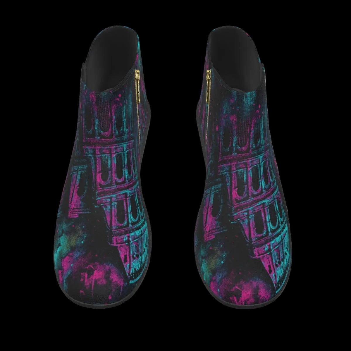 Colorful boots featuring a high-contrast Colosseum graphic in electric teal and fluorescent pink with a side zip closure.