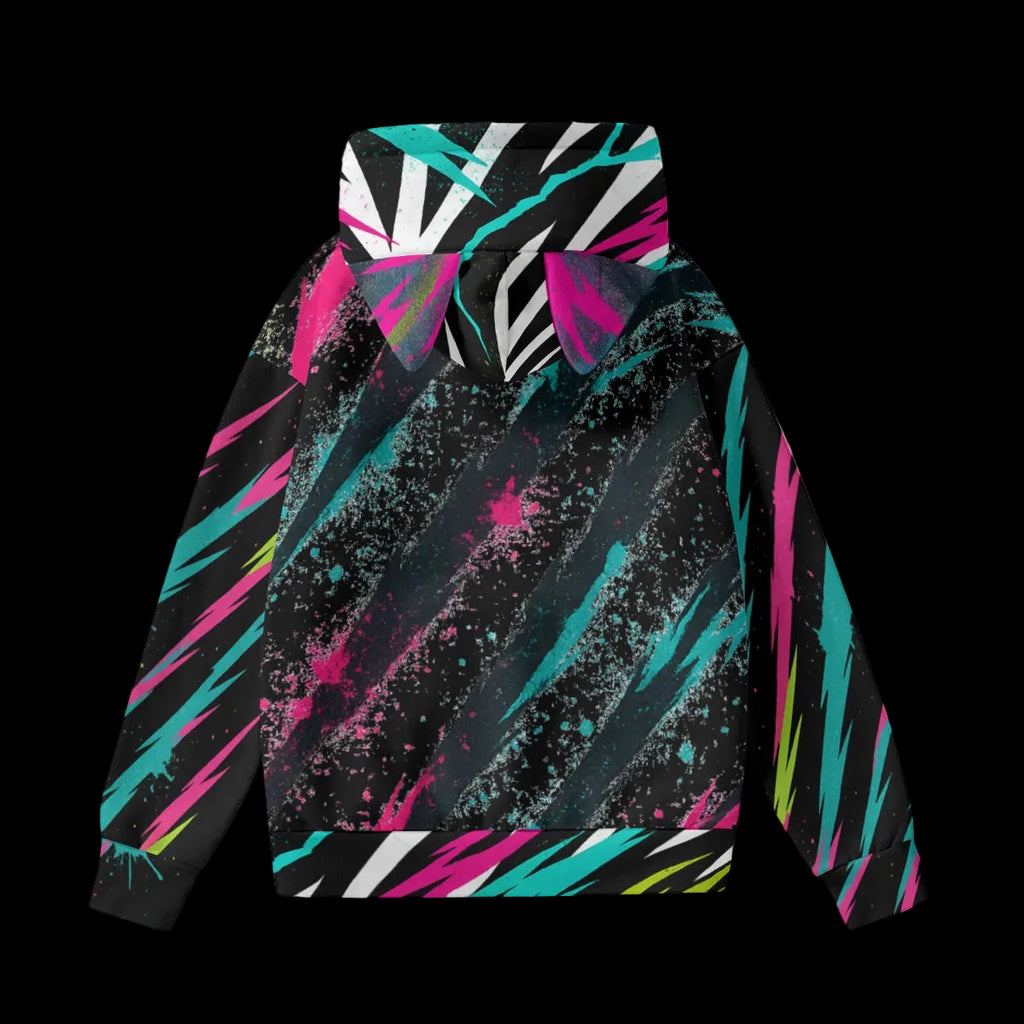 Vibrant all-over print hoodie with decorative cat ears, featuring bold colors like black, pink, and teal.