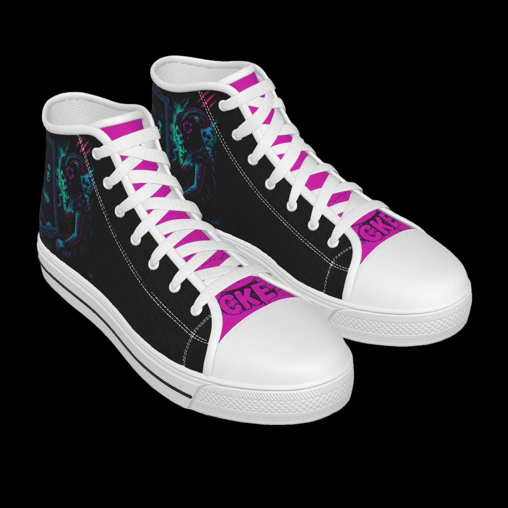 Black high-top sneakers with white laces and pink accents