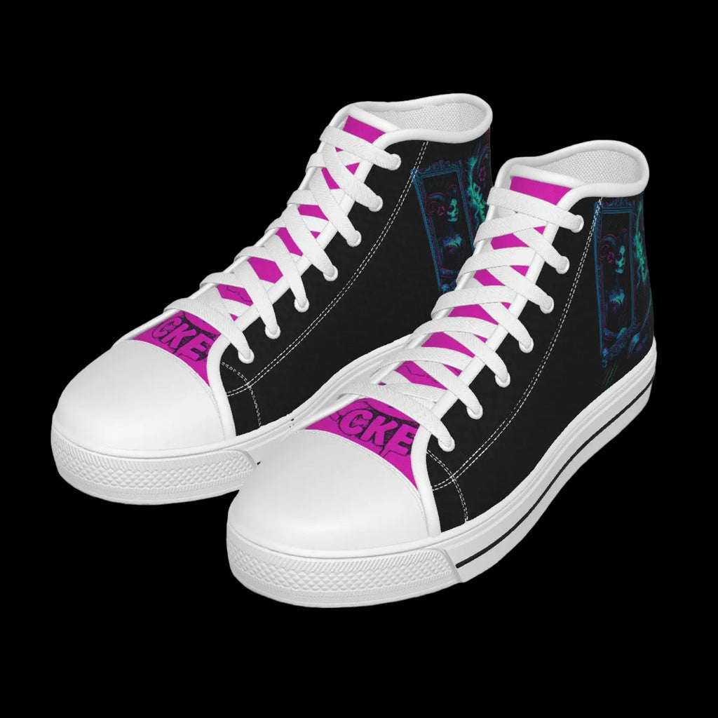 High-top canvas shoes featuring a black background, neon-lit mirror artwork, white laces, and vibrant purple accents.