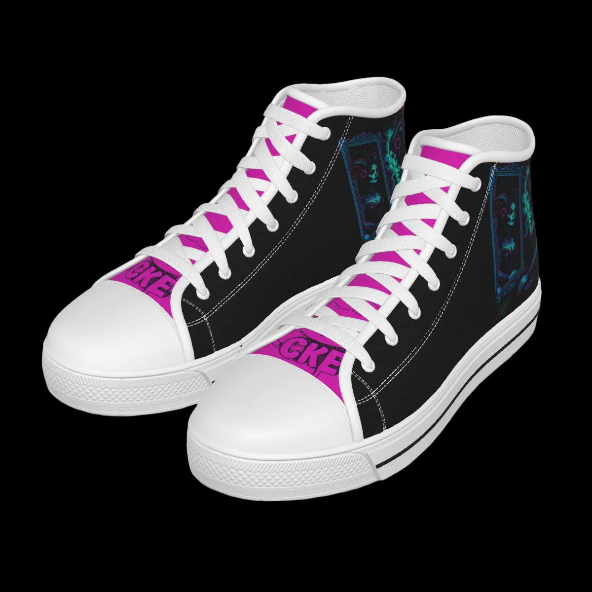 High-top canvas shoes featuring a black background, neon-lit mirror artwork, white laces, and vibrant purple accents.