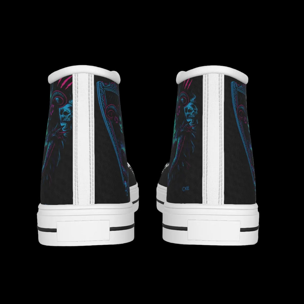Black high-top canvas shoes featuring a graphic of an ethereal woman with neon blue and pink accents.