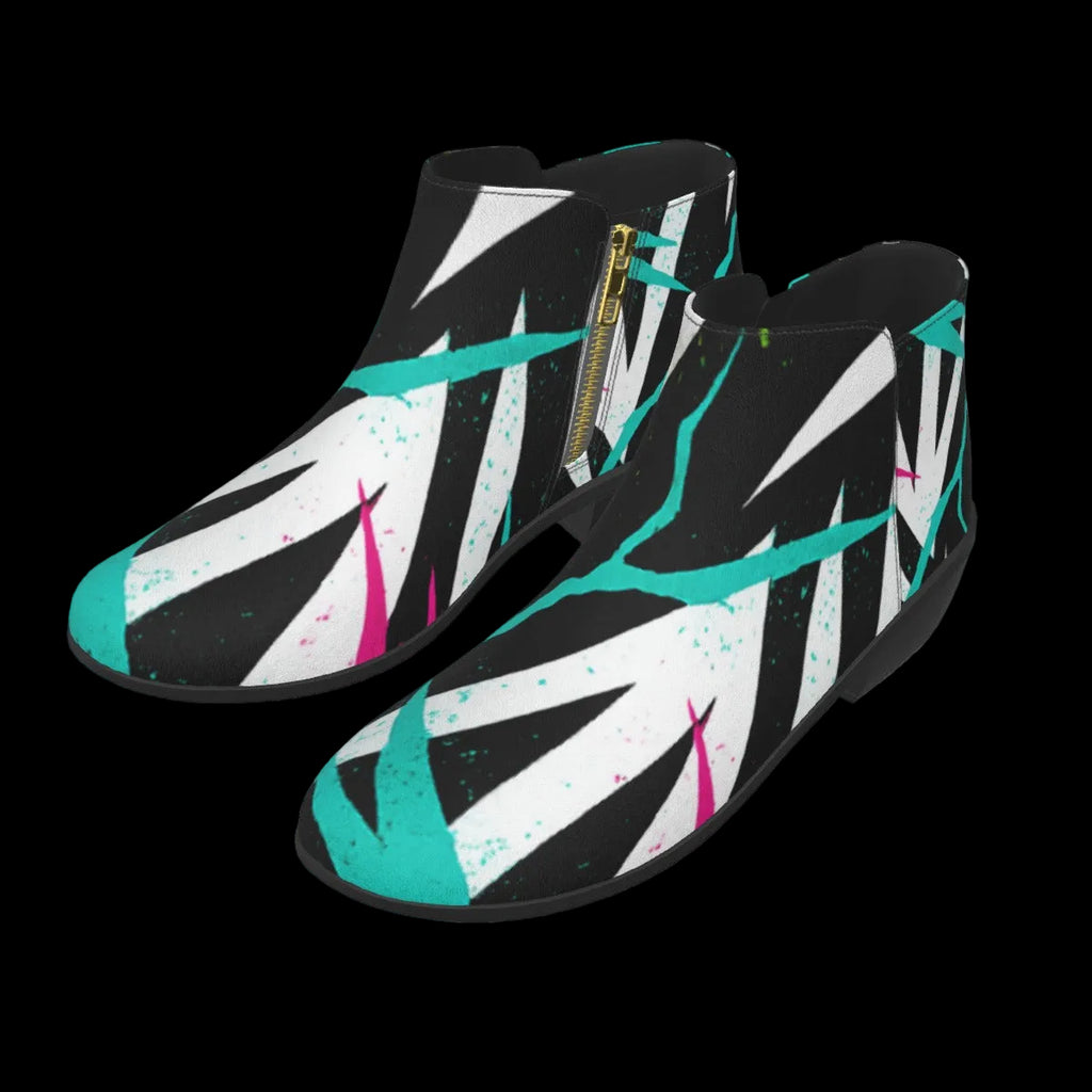 Black-and-white geometric pattern boots with neon cyan and pink accents, featuring a side zip closure and ankle height design.